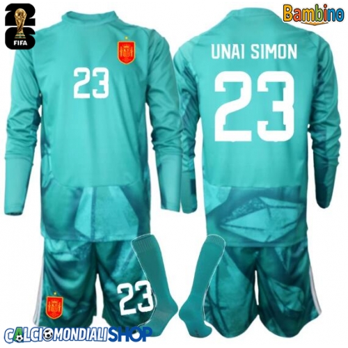 Maglie da calcio Spagna Unai Simon #23 Portiere Seconda Maglia Bambino Mondiali 2026  Manica Lunga + Pantaloni corti)